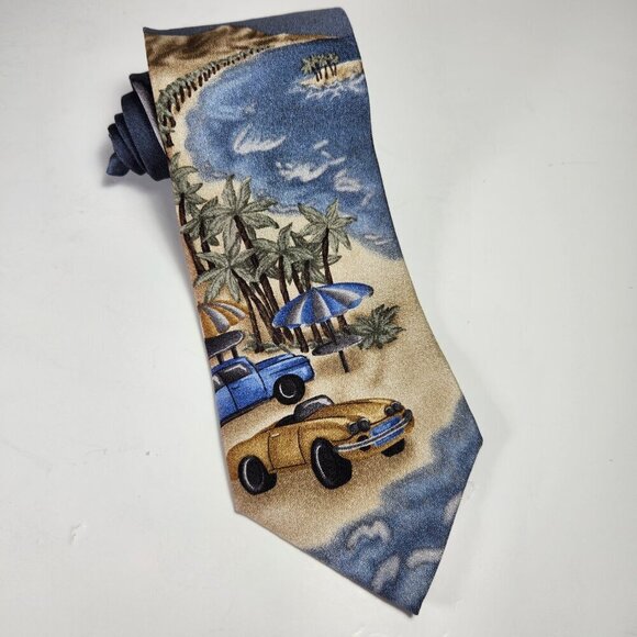 Tropicals by Tango Necktie Men's 100% Silk Tie Tropical Beach Scene Cars Ocean - Picture 2 of 11